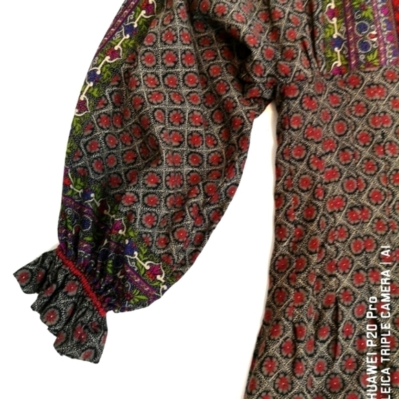 𝅺70s Batwing Vintage Paisley Geometric Impressionist Print Prairie Empire Dress - Picture 11 of 15